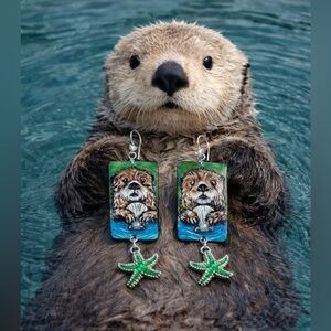 Sea otter hand Painted custom dangle, Earrings sterling wires, starfish charm